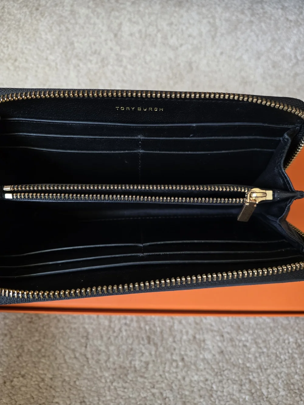 Tory Burch Black Quilted Leather Zip Wallet with Gold Logo Pull